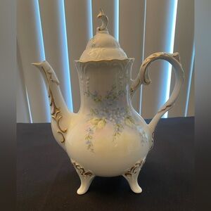 Footed Teapot Rococo Style Delicate Blue Floral Hand Painted Gold Accents